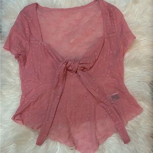 SHEIN Pink Floral Lace Tie-Front Blouse